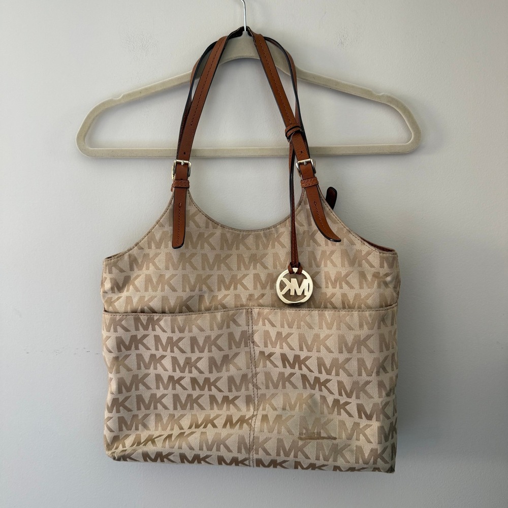 Michael Kors Monogram Canvas Tote Bag Beige Tan Leather Trim Gold Hardware